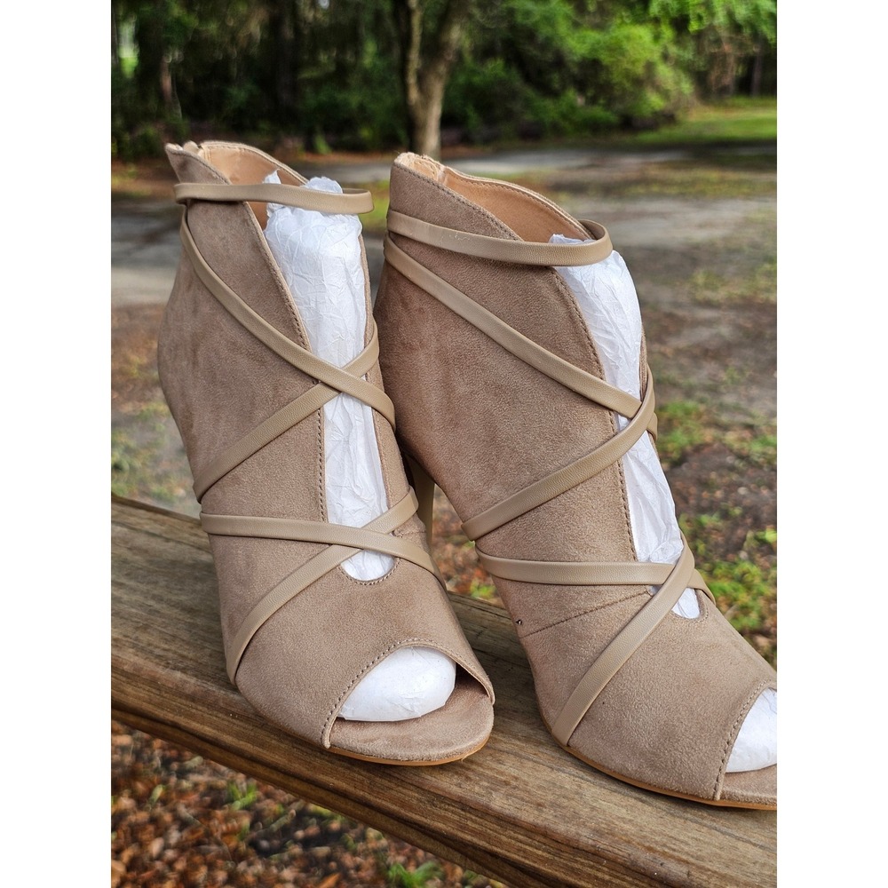 Taupe Faux Suede Strappy Peep Toe Stiletto Ankle Booties Heel Size 10 - Picture 2 of 8